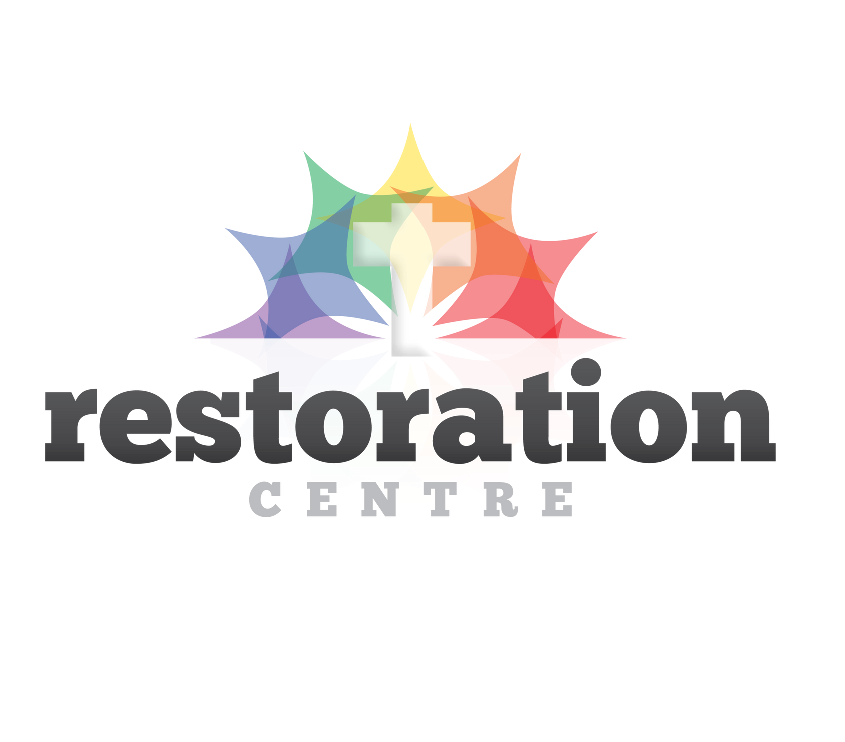 A logo for the restoration centre with a cross and rainbow stars.