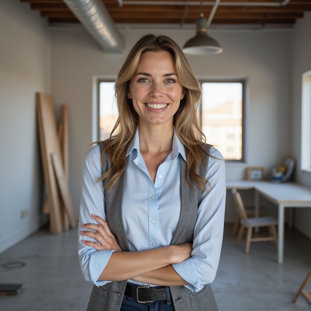 Smiling person in a light blue shirt and gray vest standing in a bright office with arms crossed