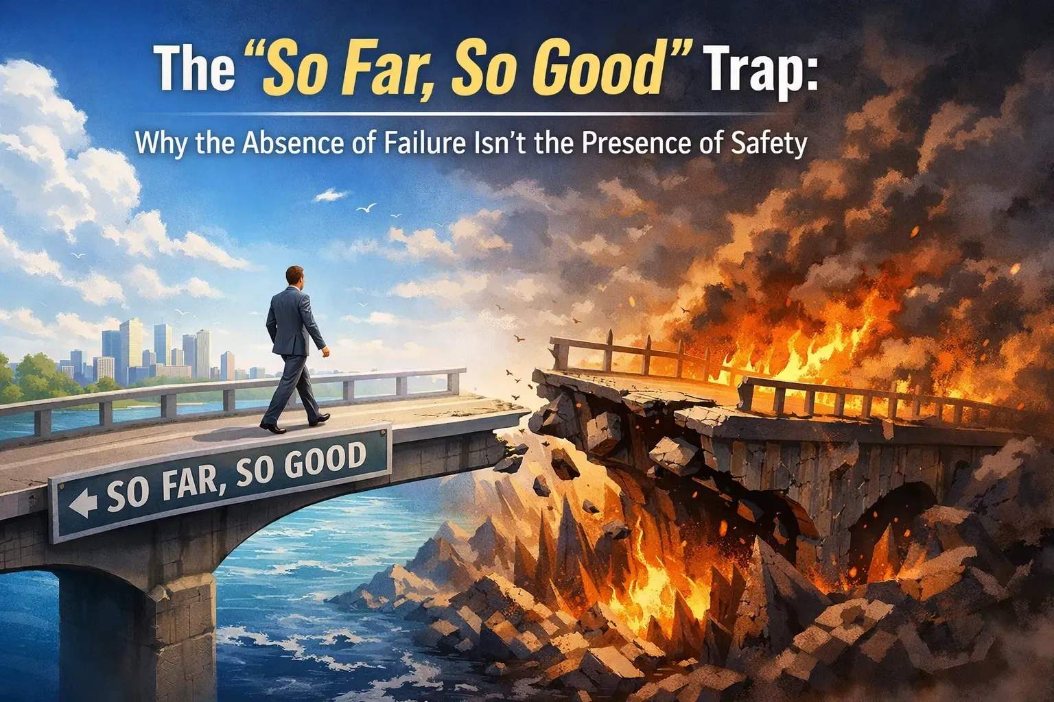 A person walks on a bridge that ends abruptly, leading into a fiery chasm. A sign reads 