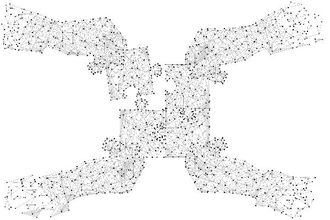 A digital funnel illustration made of black-and-white lines and nodes, showing data being processed or filtered.