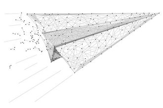A digital wireframe paper airplane in flight, depicted with geometric nodes and lines on a white background.