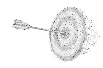 A digital wireframe illustration of an arrow hitting the center of a target, rendered in shades of gray.