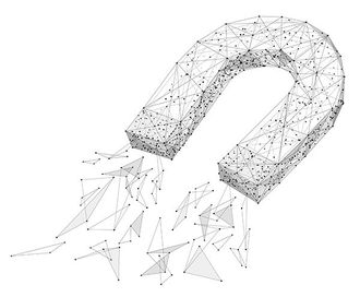 A digital wireframe illustration of a horseshoe magnet pulling in floating geometric shapes against a white background.