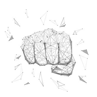 A wireframe illustration of a clenched fist, created with interconnected nodes and lines in black and white.