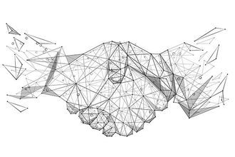 A digital wireframe illustration of a handshake constructed from interconnected lines and nodes on a white background.