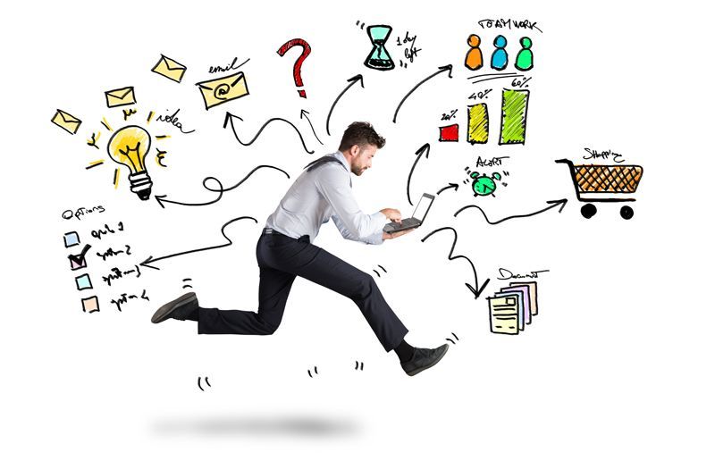A man in business attire runs while using a laptop, surrounded by icons representing business tasks, deadlines, and data.