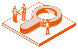 An orange-toned illustration of three people interacting around a large magnifying glass on a platform.
