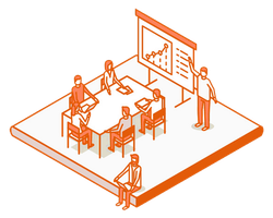 An orange-and-white isometric illustration of a person presenting a chart to a small group in a meeting room.