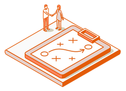 Two figures shake hands above an orange isometric clipboard displaying a tactical strategy diagram with paths and markers.