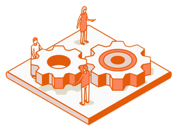 Three people interact with two large, interlocking orange gears on a flat, isometric platform.