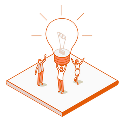 Three people standing on a platform, supporting a large, glowing light bulb overhead. Orange line art on white background.