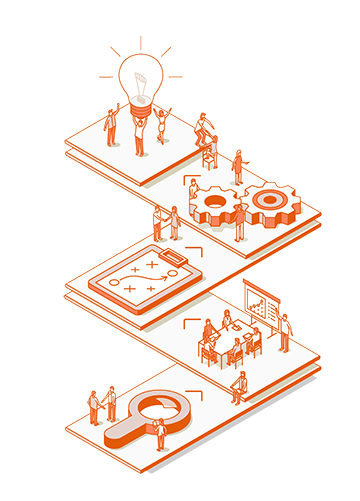 An orange, isometric infographic showing a multi-step business process with icons for research, planning, and innovation.
