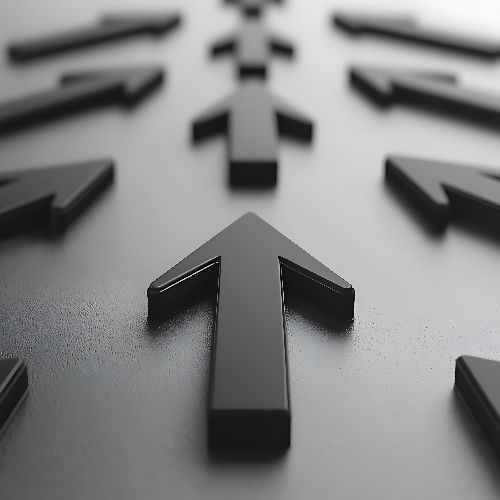 Multiple black 3D arrows on a gray surface point toward a central destination in the distance.
