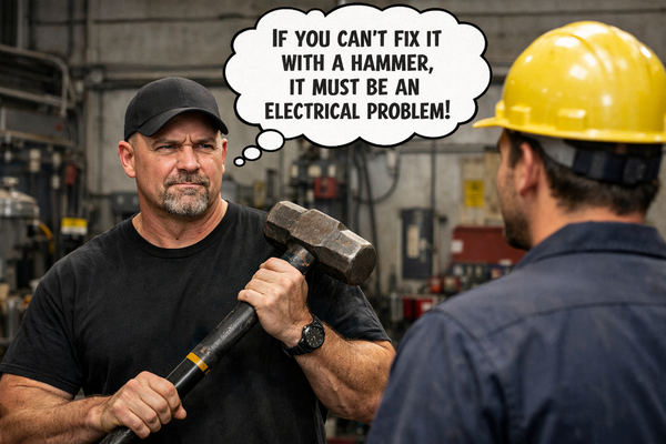 A worker in a black shirt holds a sledgehammer while talking to a colleague wearing a yellow hard hat in a workshop.