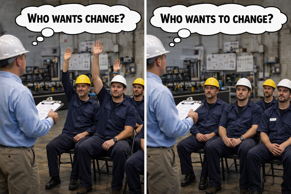 A side-by-side cartoon showing a foreman asking workers if they want change, with hands raised versus silence.