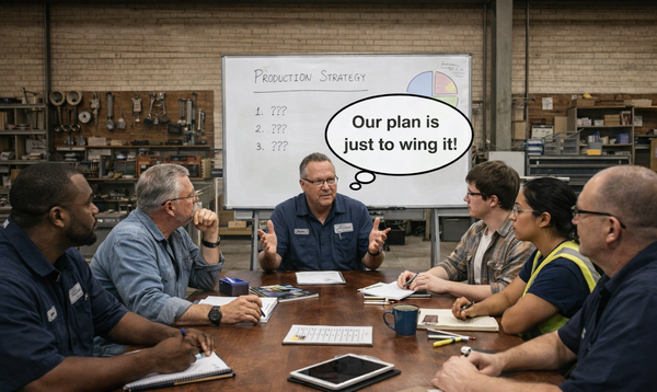 A group of people sit around a table for a meeting in front of a whiteboard that says 