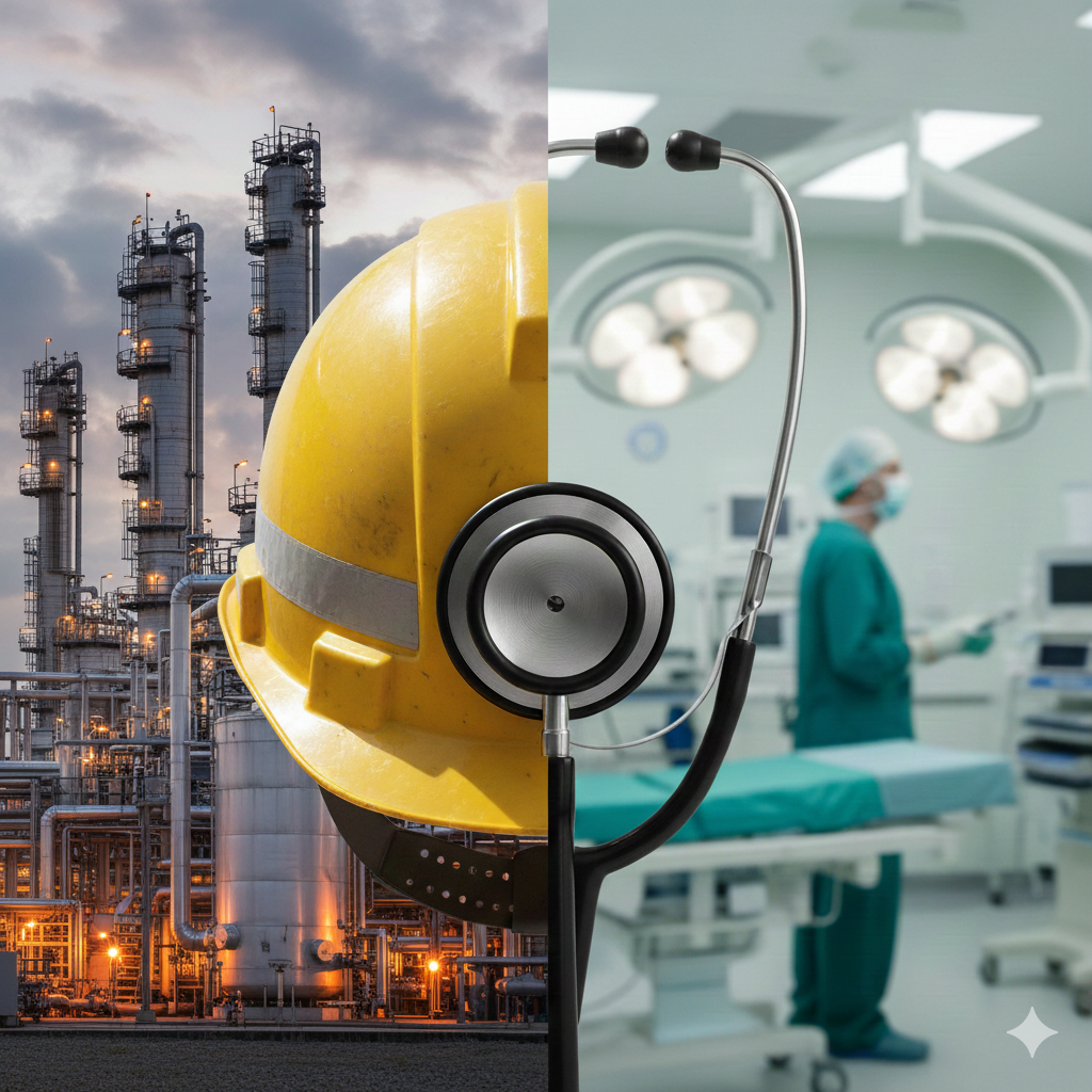A split-screen image juxtaposing an industrial oil refinery with a medical operating room, joined by a central hard hat.