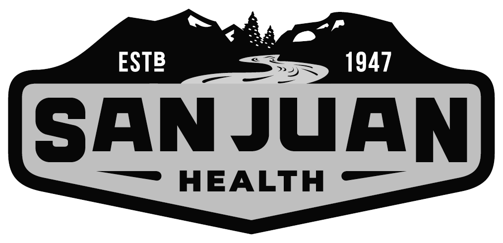 Logo for San Juan Health with a stylized mountain and river landscape above the text in a gray and black emblem.