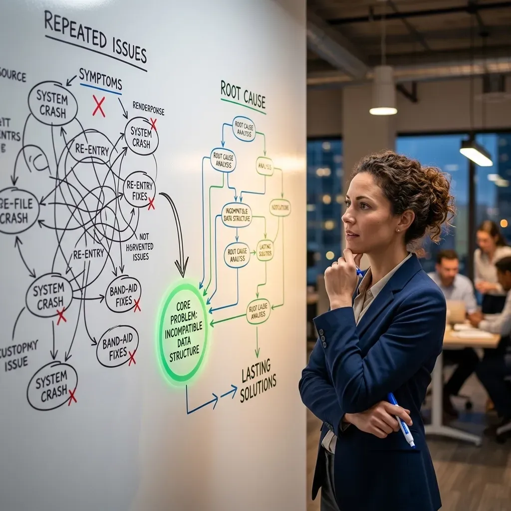 A professional stands before a whiteboard covered in complex system flowcharts and diagrams, contemplating the data.