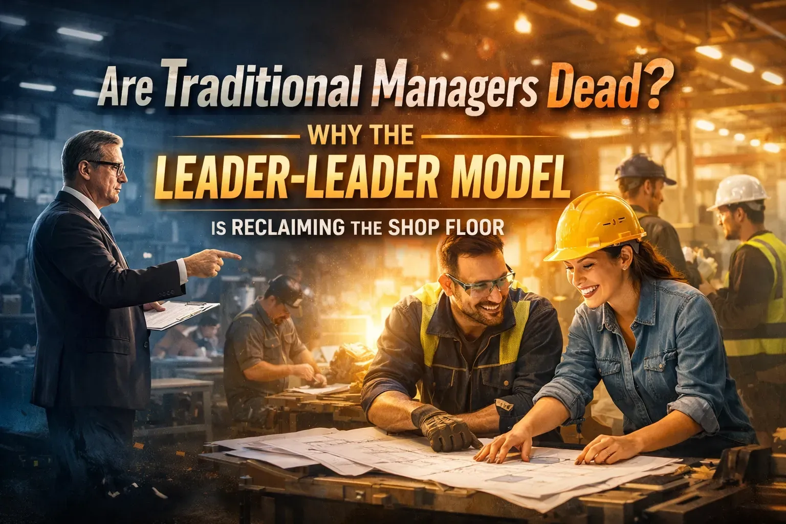 A worker in a suit points to a team collaborating over blueprints in an industrial setting, with bold text on leadership.