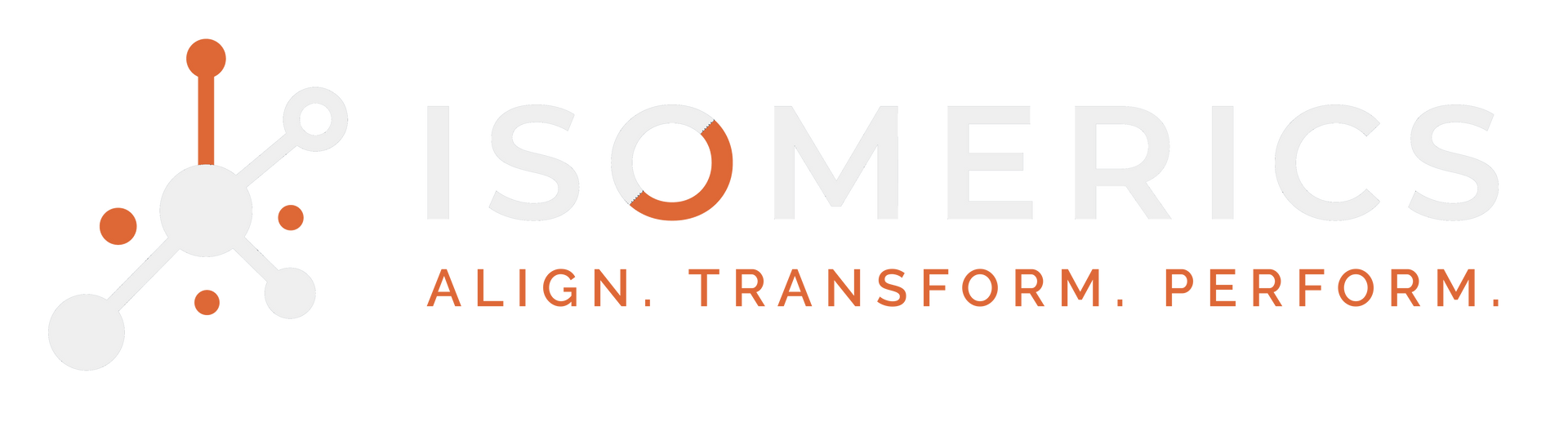 Logo for Isomerics featuring a light gray and orange molecule graphic next to the company name and tag line.