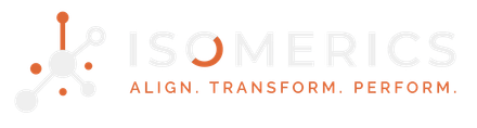 Logo for Isomerics featuring a light gray and orange molecule graphic next to the company name and tag line.