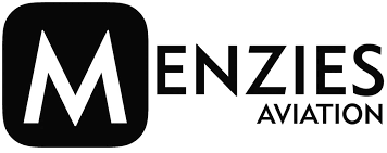 Logo for Menzies Aviation featuring a large white letter 