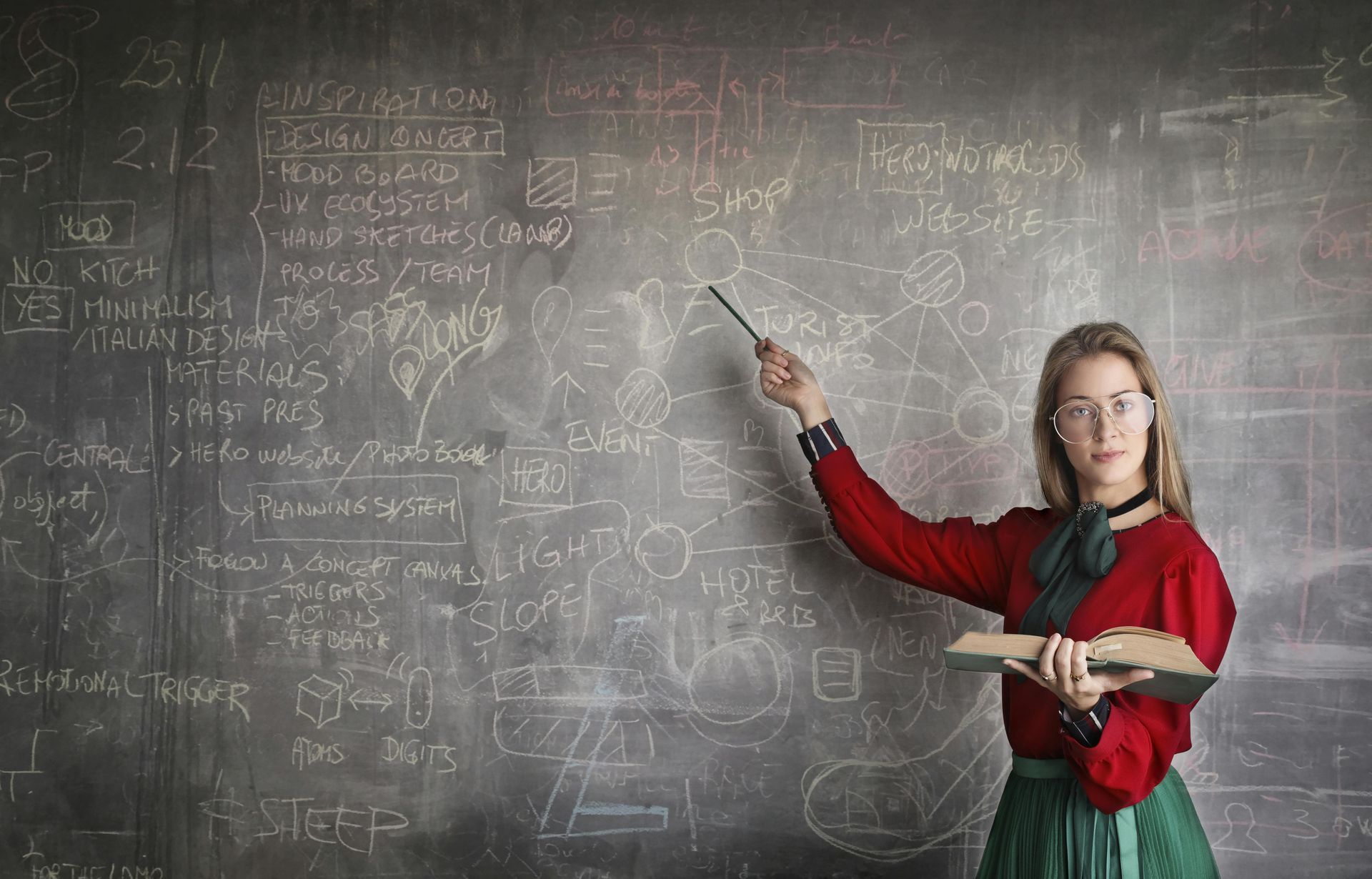 A person in a red long-sleeved shirt holds a book and points to a complex network of diagrams on a dark chalkboard.