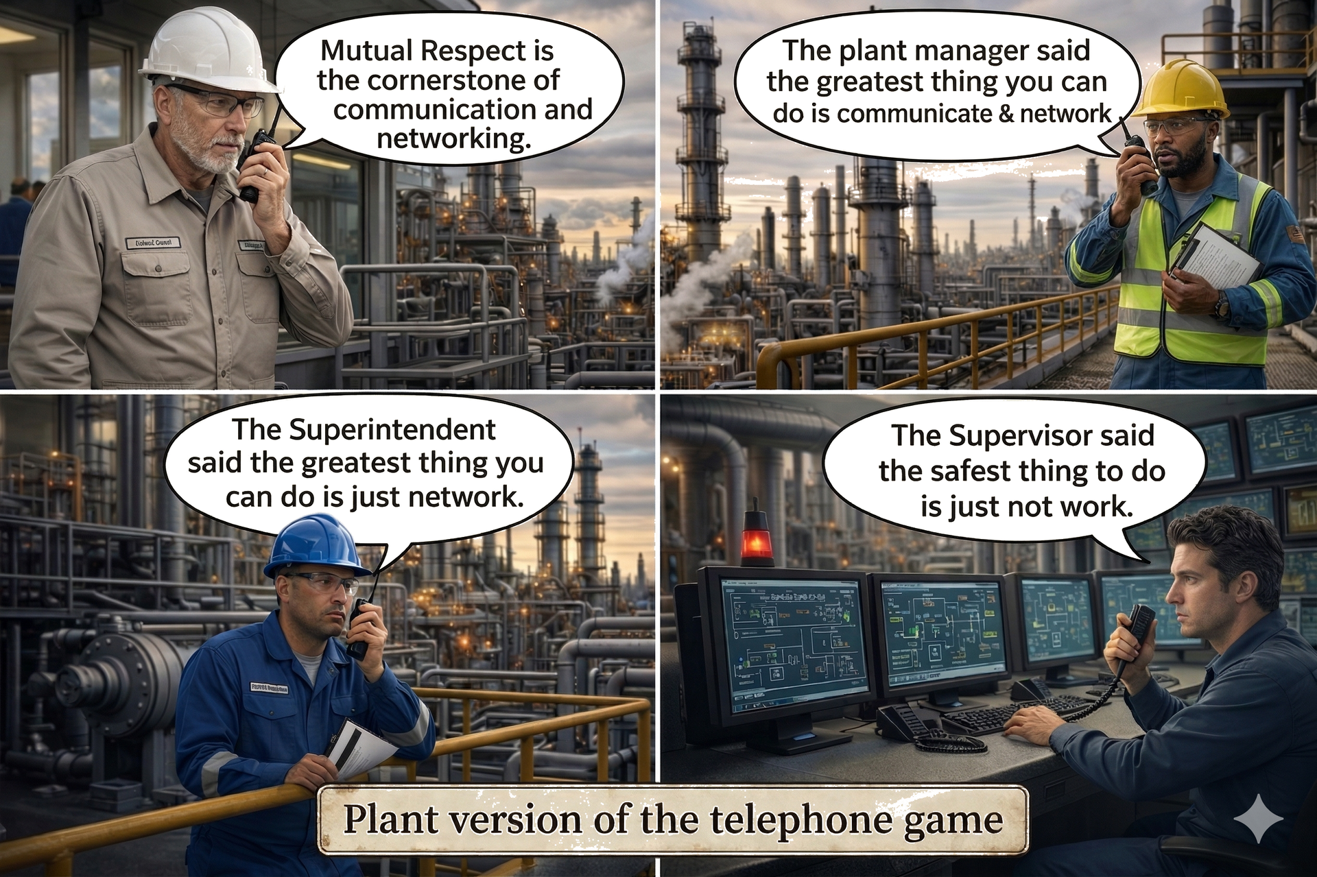 A four-panel comic showing workers relaying a garbled message via radio at an industrial plant, titled 