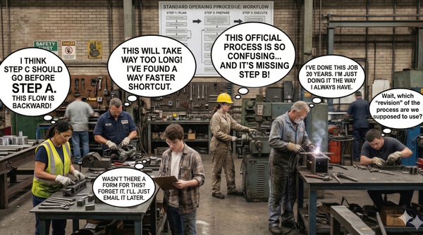 Workers in a factory setting expressing confusion and frustration about an official process document on the wall.