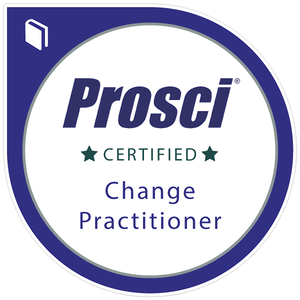 A blue circular badge with a book icon and the text: Prosci Certified Change Practitioner.