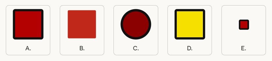 Five red shape options labeled A-E: square, square, circle, yellow square, and small red square.