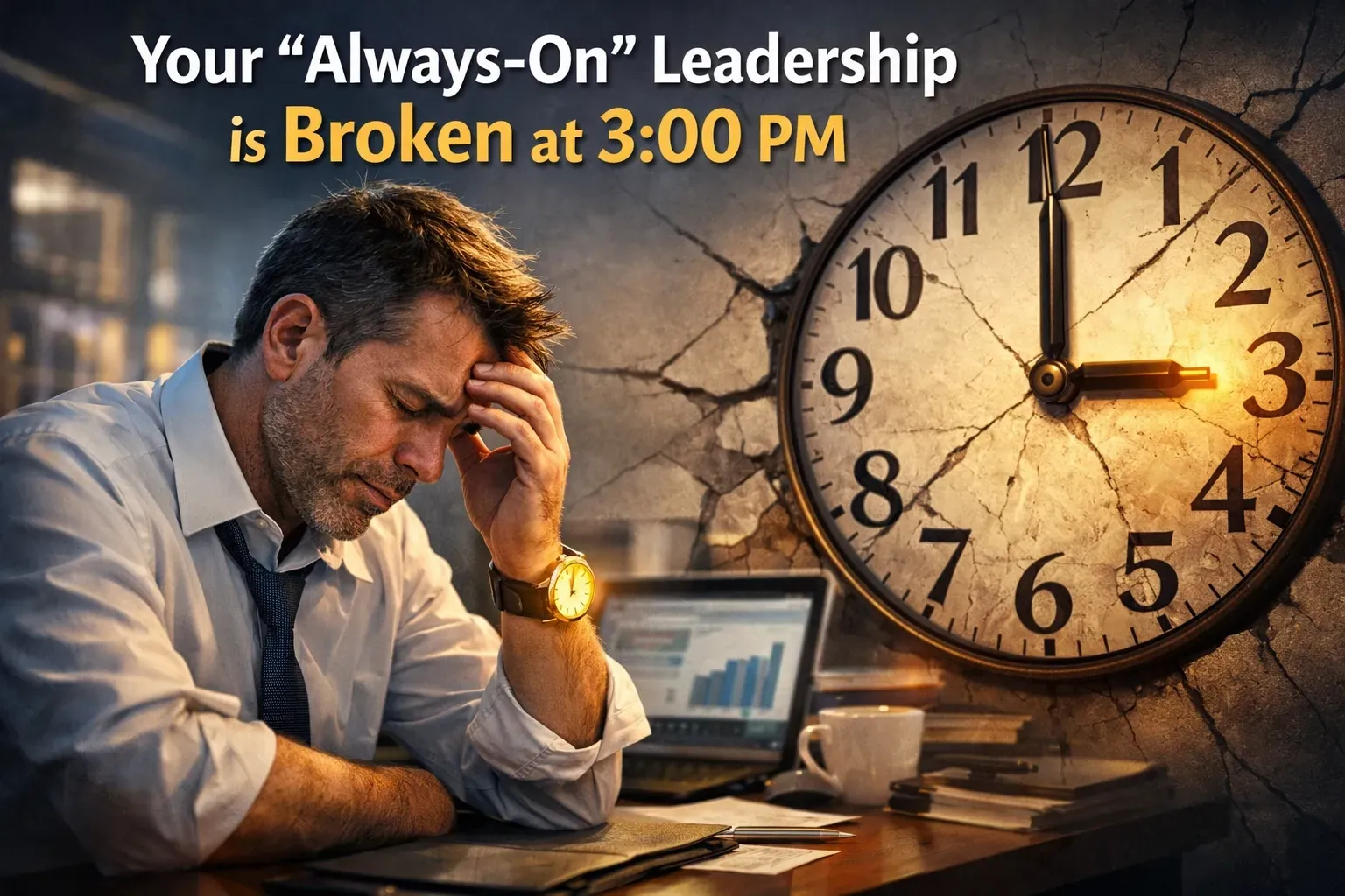 A stressed person sits at a desk near a large, cracked clock set to 3:00, with text about broken leadership.