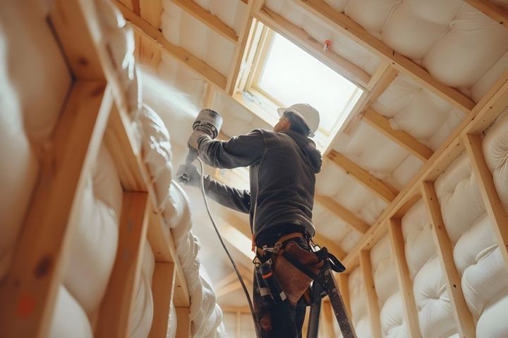 Technician installing spray foam insulation in attic roof cavity