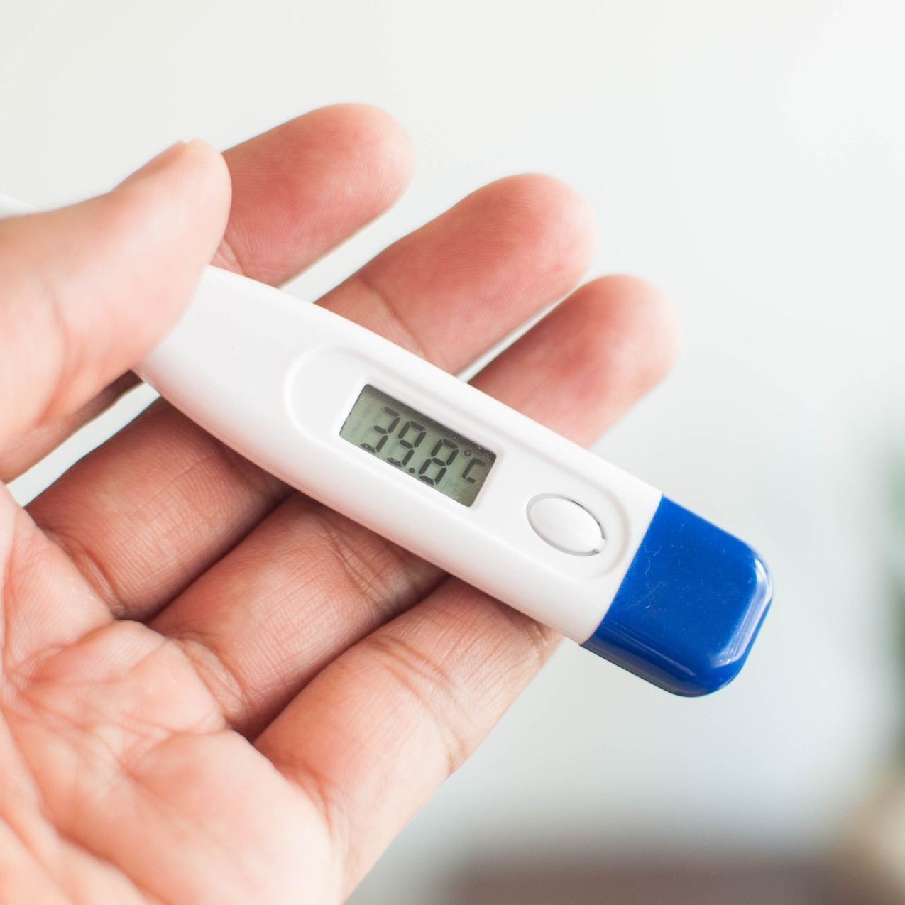 Mano che tiene un termometro digitale bianco e blu che segna 39,5 °C