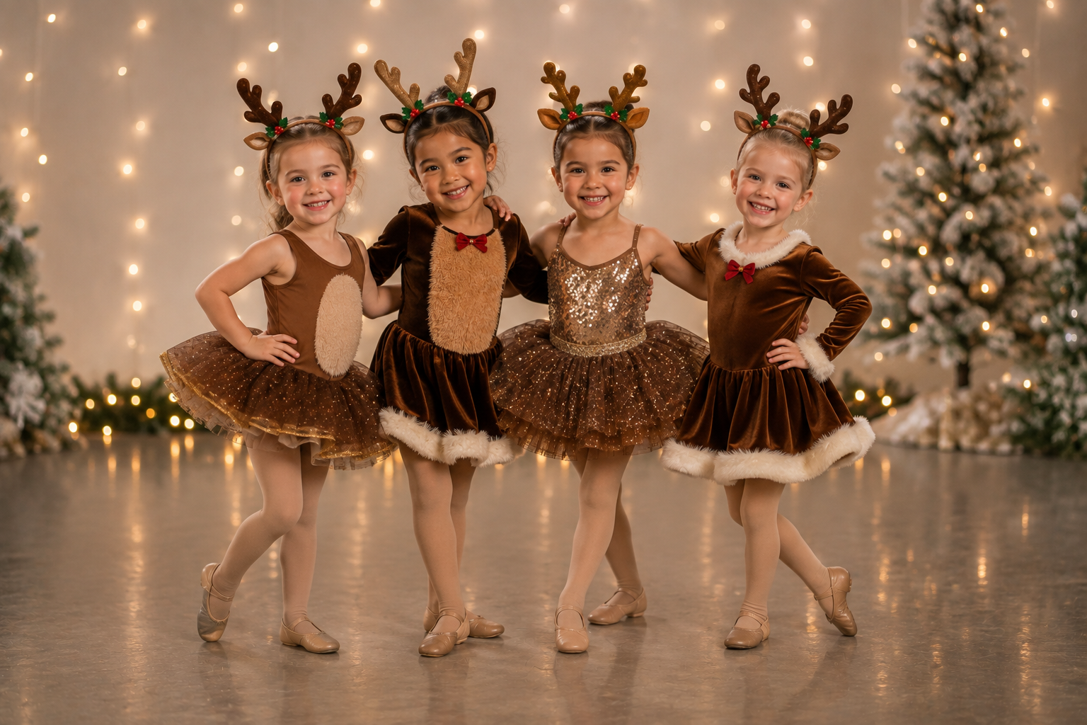Group of dancers in brown shirts and skirts, posing on a white backdrop.