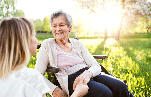 A caregiver and a person sitting in a wheelchair holding hands and talking in a sunny park.