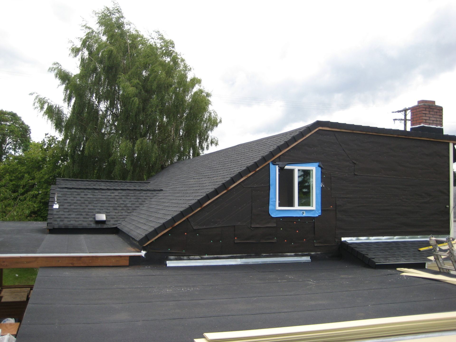 Black house exterior with a rooftop, blue-trimmed window, and trees in the background