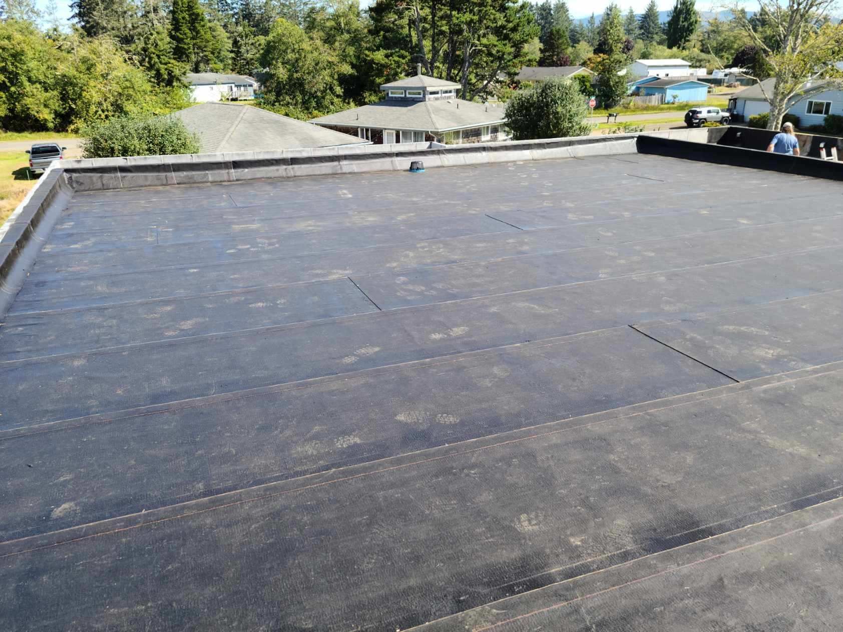 Flat black rooftop with trees and houses visible in the background
