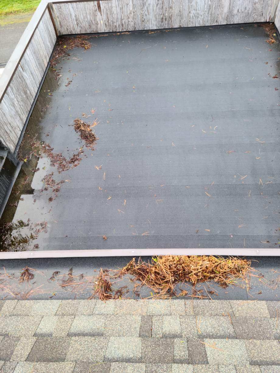 Rooftop flat area with a dark waterproof surface, bordered by white walls and scattered debris along the edges.