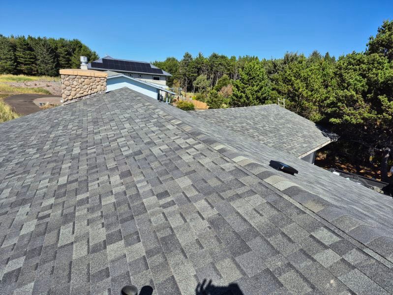 Gray shingle roof with rooftop vents, trees and blue sky in the background