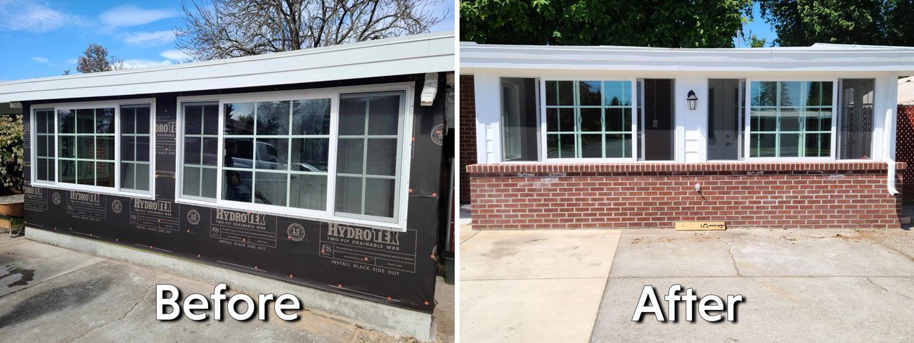 Before-and-after of a house exterior: old siding changed to white trim and red brick facade.