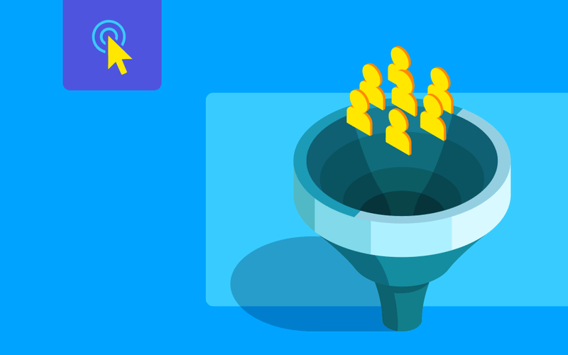 An illustration of a funnel filled with people on a blue background.