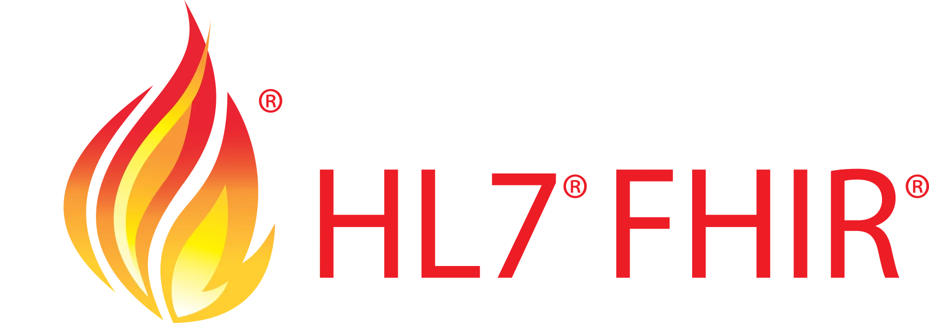 HL7 FHIR logo with flame graphic and red text.