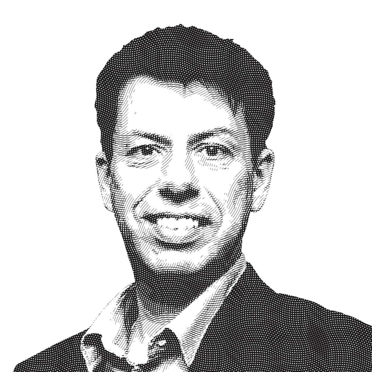 Jeff Doleweerd with short dark hair in a suit jacket and a button-down shirt, stylized as a crosshatch illustration.