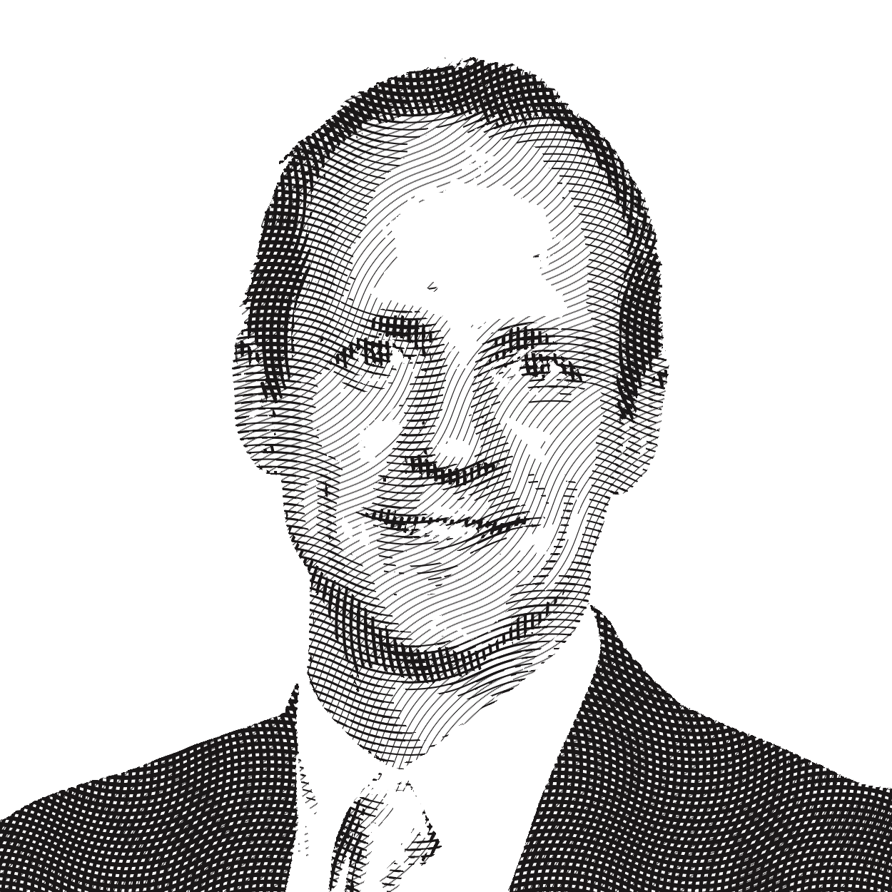 Tim Berezney in a suit and tie, stylized as a crosshatch illustration.