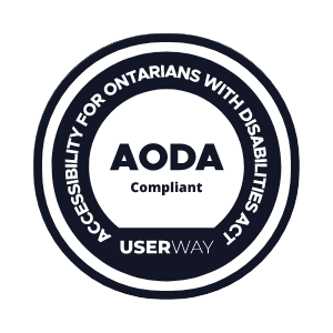 AODA compliant badge: dark blue circular logo with text 