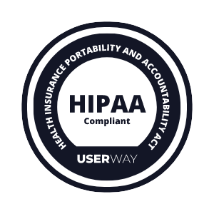 HIPAA compliant seal with HEALTH INSURANCE PORTABILITY AND ACCOUNTABILITY ACT text and USERWAY logo.
