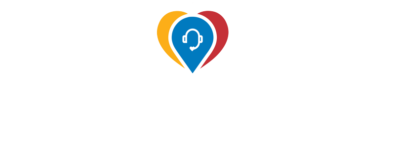 CareSuite logo, which includes a location pin with a headset icon inside, surrounded by a heart in yellow, blue, and red.