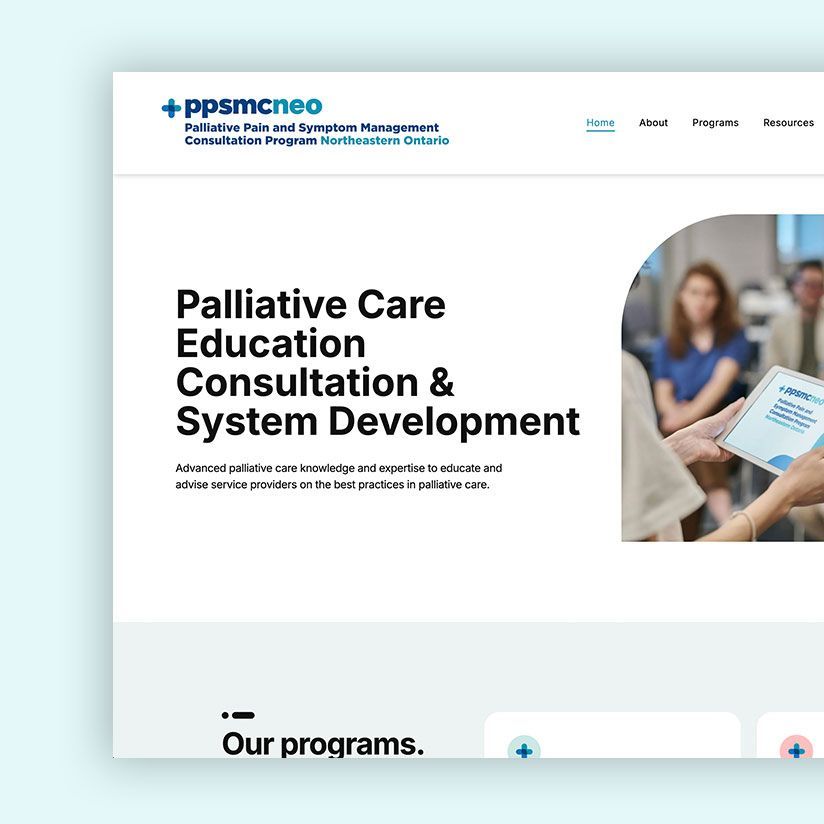 PPSMCNEP website promoting palliative care services. Text overlay on a photo of a group of people.